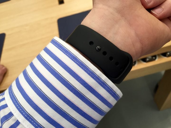 The Apple Watch Sport band is a challenge to put on at first, but it feels great.