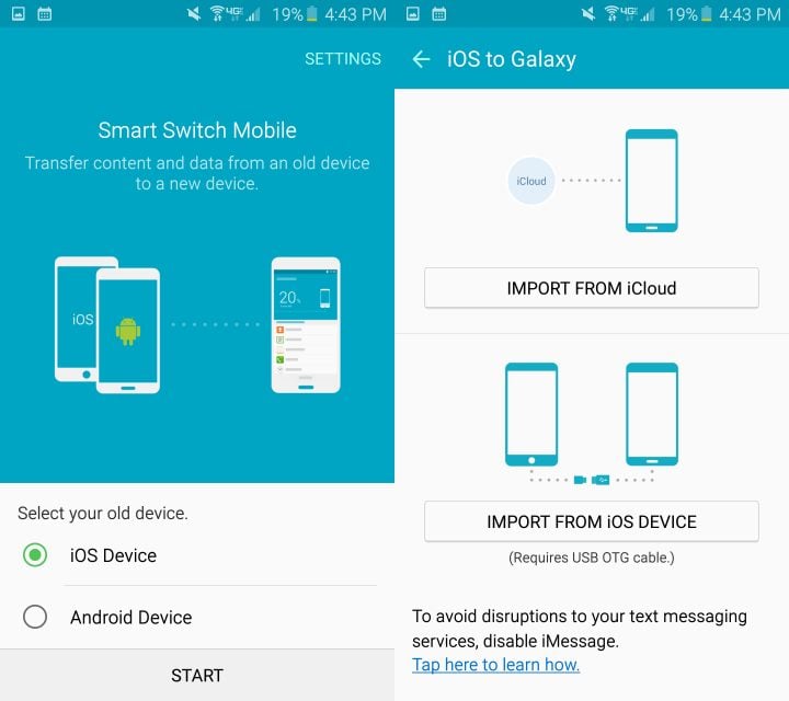 Switch from iPhone to Galaxy S6 using iCloud or a cable.