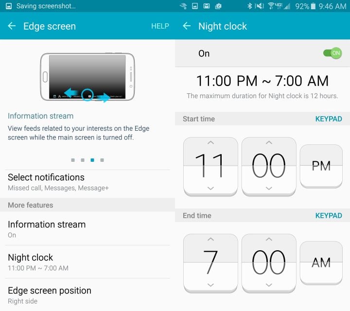 Change the Galaxy S6 Edge side and turn on a night clock option.