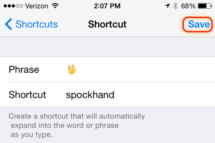 Save your Spock emoji shortcut so you can use it anytime you want.