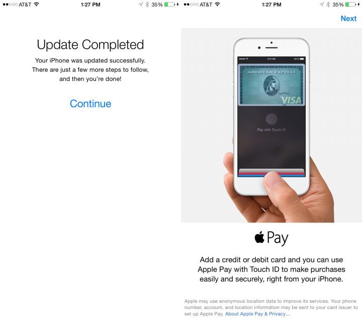 If prompted enter your Apple ID password and choose to set up or skip Apple Pay.
