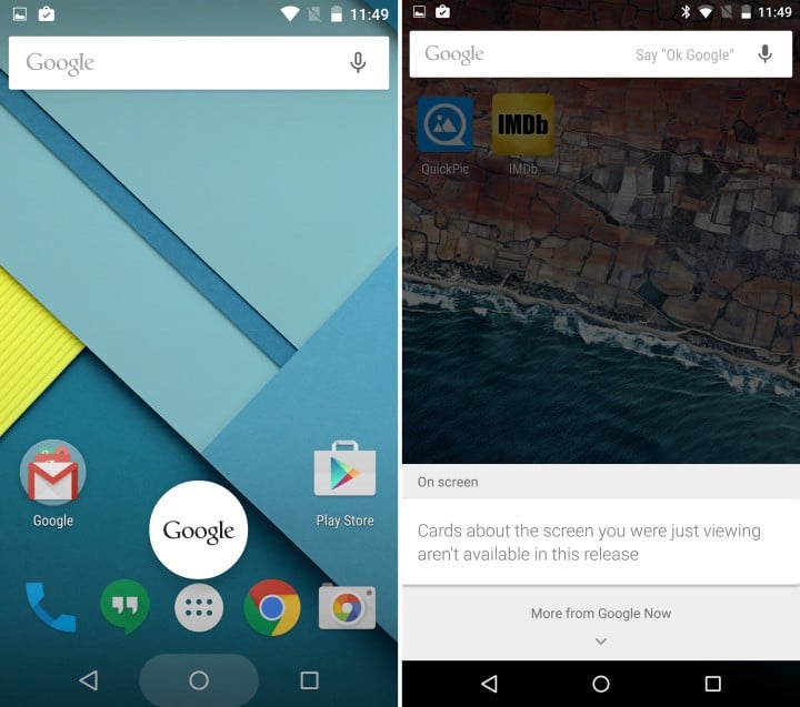 Google Now (left) vs Now on Tap (Right)