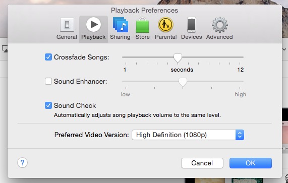 Above: iTunes' Playback settings