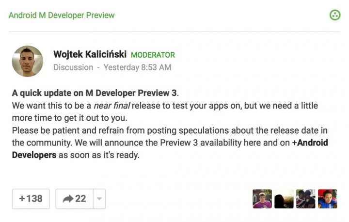 Android M Developer Preview 3 Release Delayed