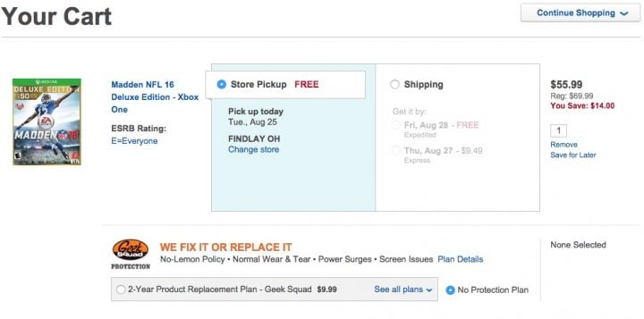 Best Buy lists the Madden 16 Deluxe edition as available for in store pickup today.