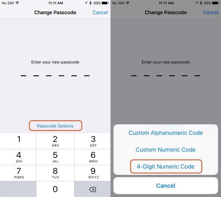 Tap to see options and choose a 4 digit passcode on iOS 9 or the iPhone 6s. 