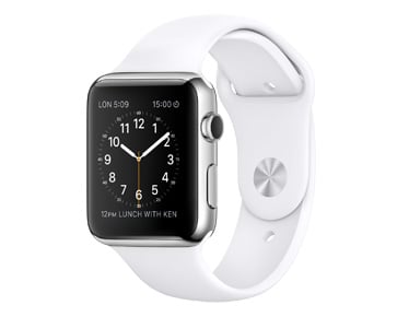 An Apple Watch in stainless steel with a White Sport Band.