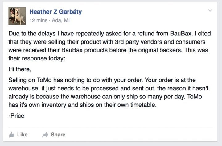 A discussion on the BauBax Reviews Facebook group