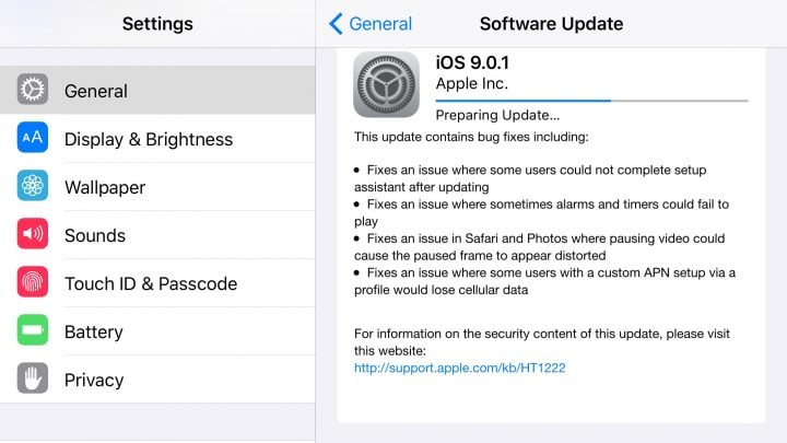 The iOS 9.0.1 update is fast to install if you are already on iOS 9. 