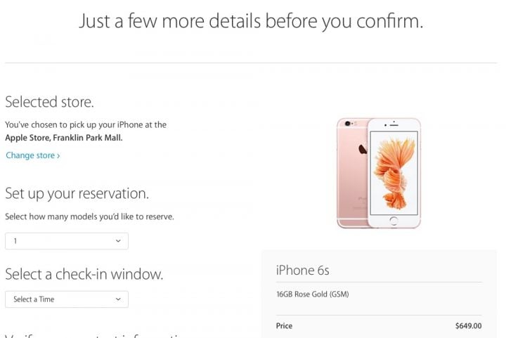 Confirm your iPhone 6s reservation and save a record in case you don't get an email confirmation. 