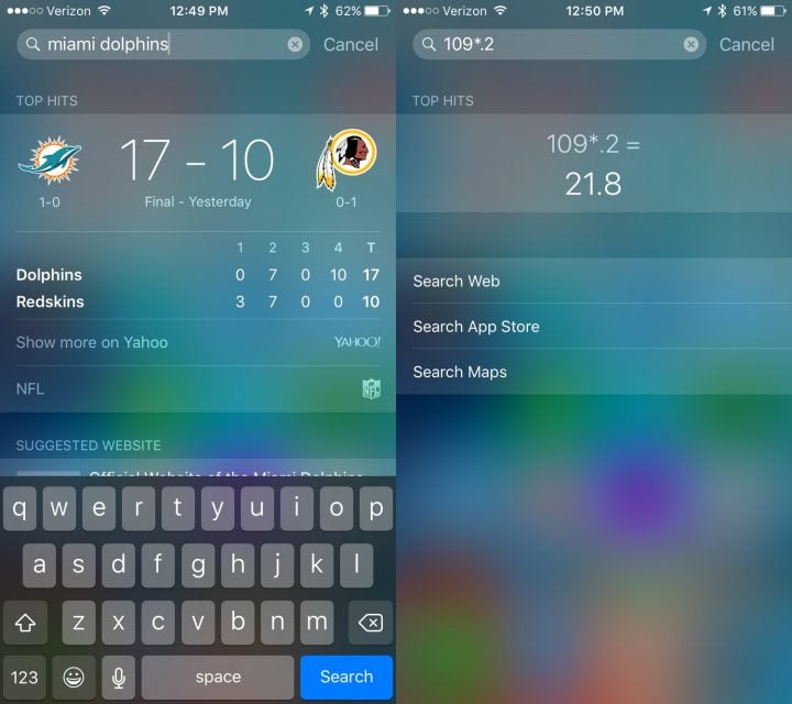 Some of the new iOS 9 search features in action.