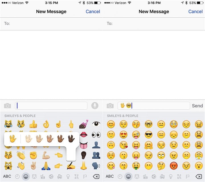 Choose options for the new emojis in iOS 9.1.
