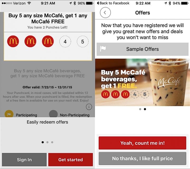 The McDonald's app offers a punchcard, free food, coupons and nutritional information.