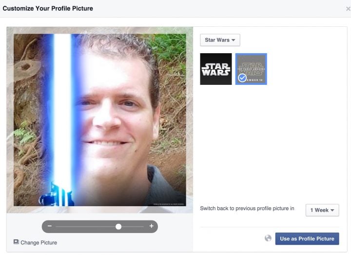 Change options as you set up a Facebook Star Wars lightsaber photo for Star Wars: The Force Awakens.