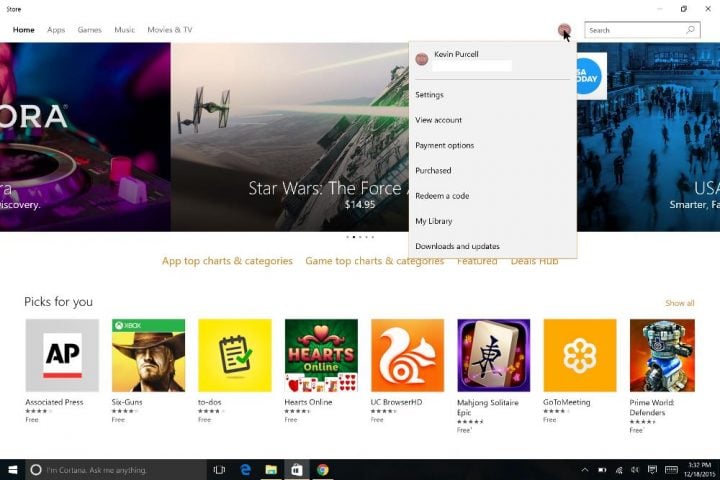 windows store account menu