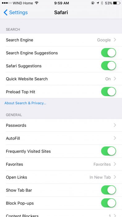 Safari Preferences on iPhone