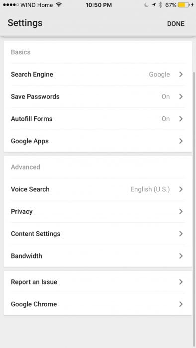 Chrome iOS settings screen