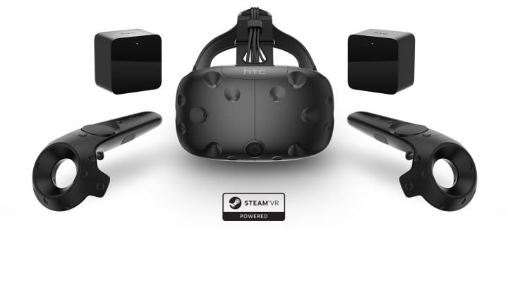 The HTC Vive headset, two motion controllers, and two motion-tracking base stations. 