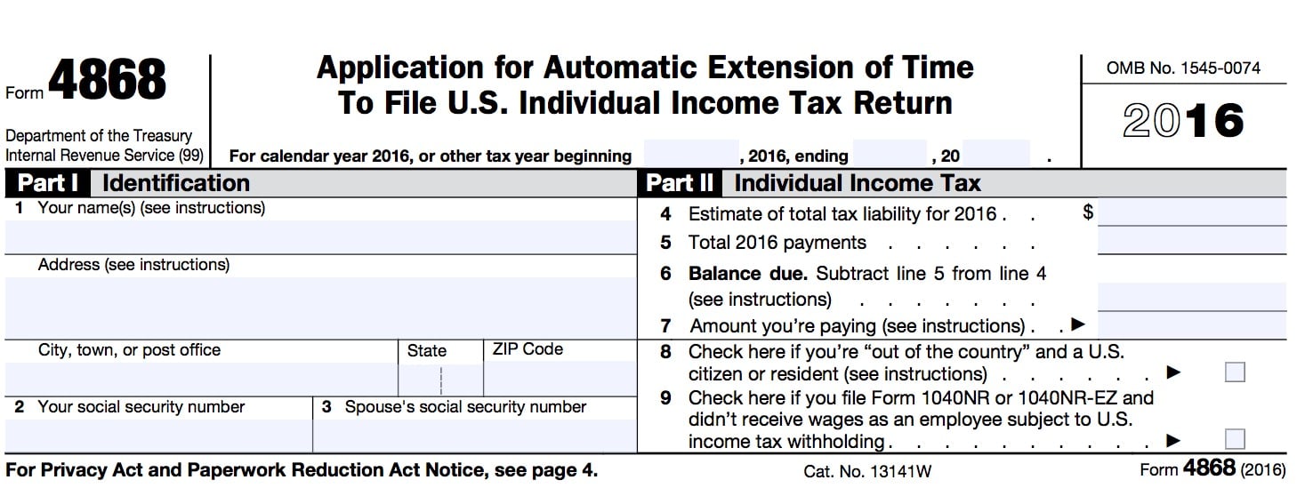 irs 2016 extension form 4868 instructions