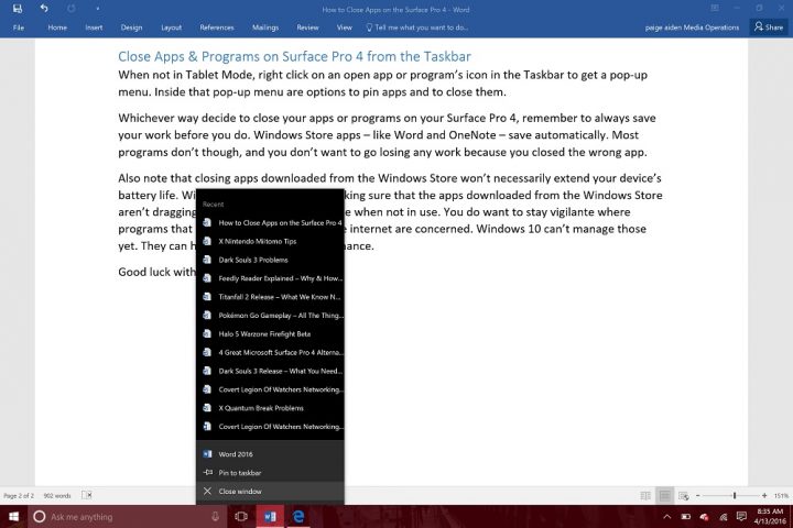Closing apps on the Surface Pro 4 (3)