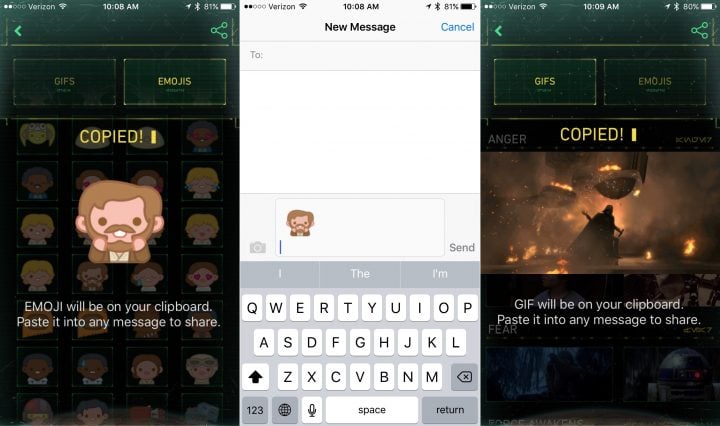 Send Star Wars Emoji and Star Wars Gifs.