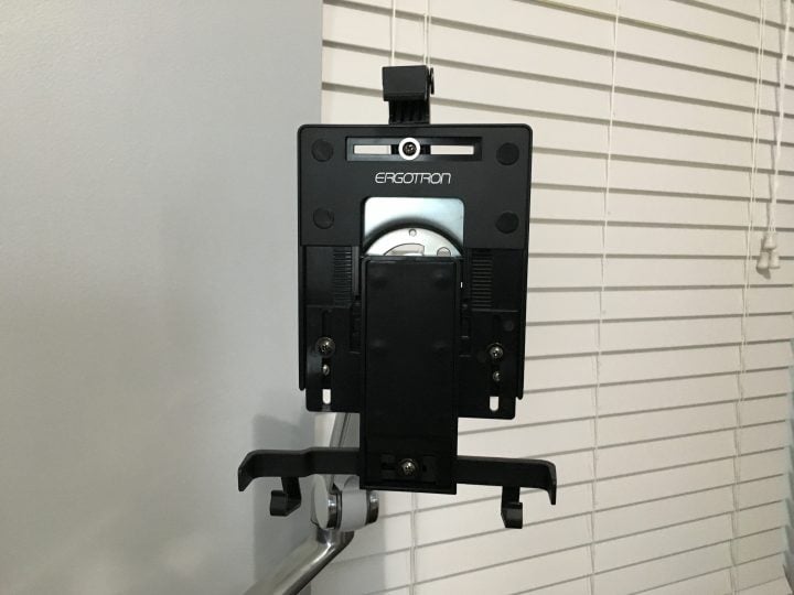 The mount and arm allow you to hold a tablet up to 10 inches in place at a variety of angles and heights.