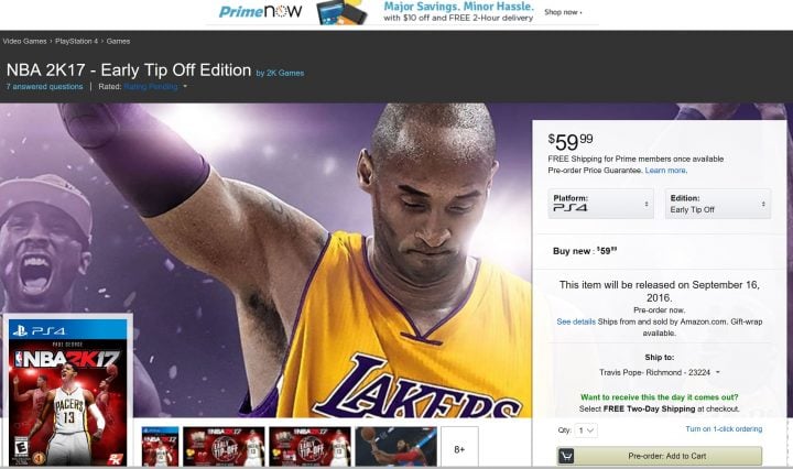 Amazon Prime Now NBA 2K17 deals