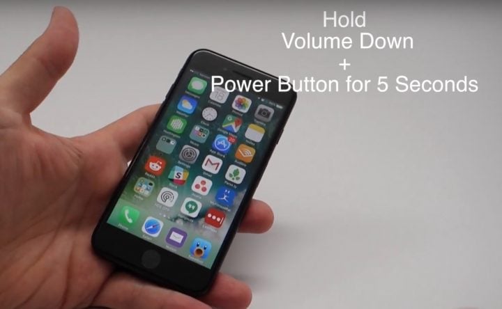 Perform an iPhone 7 hard reset with the volume down and the power button.