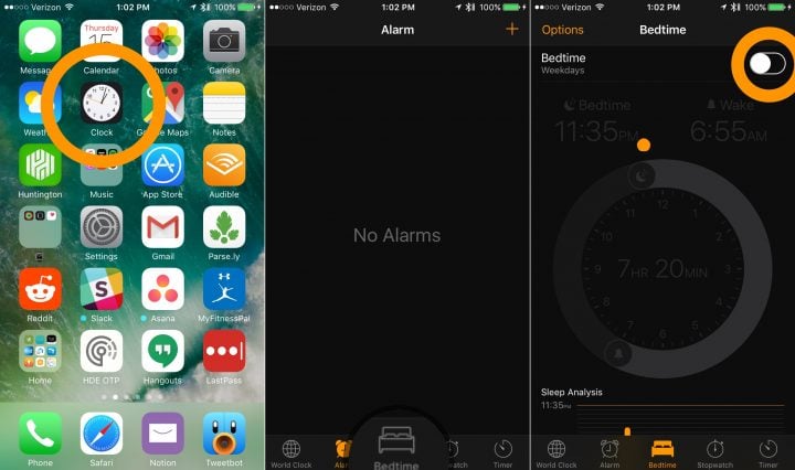 Set up the iPhone Bedtime alarm on iOS 10.