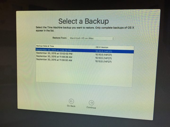 Choose a backup to restore that has OS X El Capitan on it.