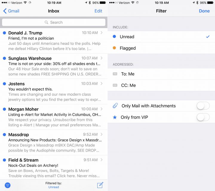 Filter Mail to show unread or other messages that you need to read.