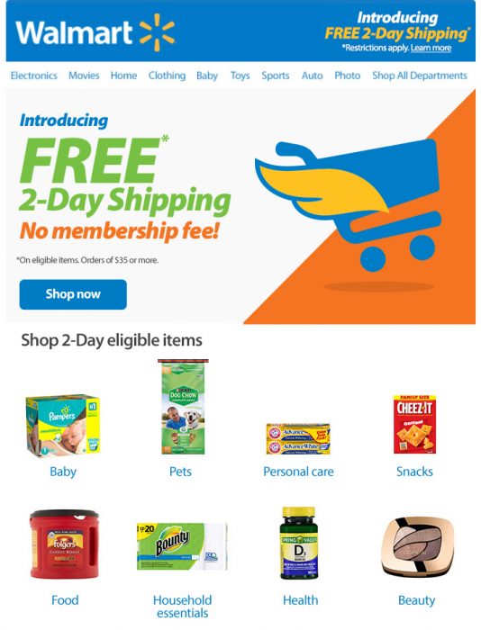 The free two-day shipping at Walmart is available on 2 million items. 