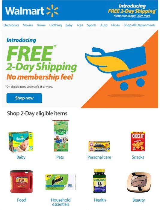 The free two-day shipping at Walmart is available on 2 million items.