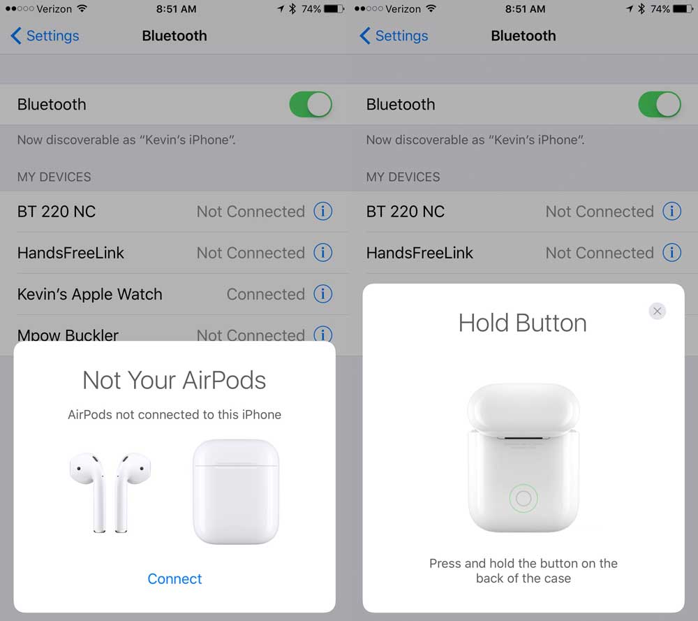 apple airpods connect and hold button dialog boxes