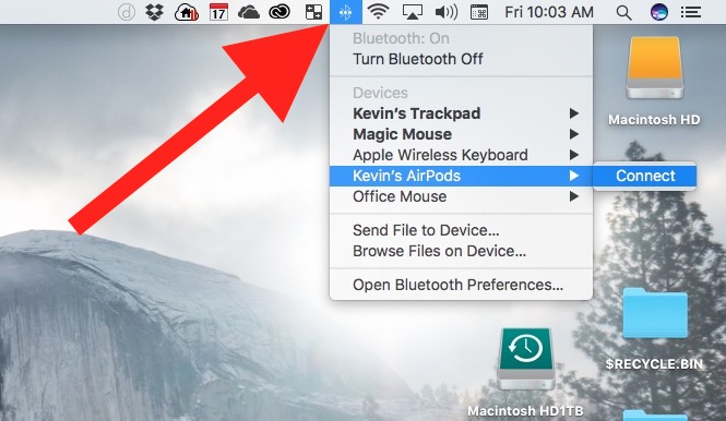 connect airpods to mac from bluetooth menu bar icon