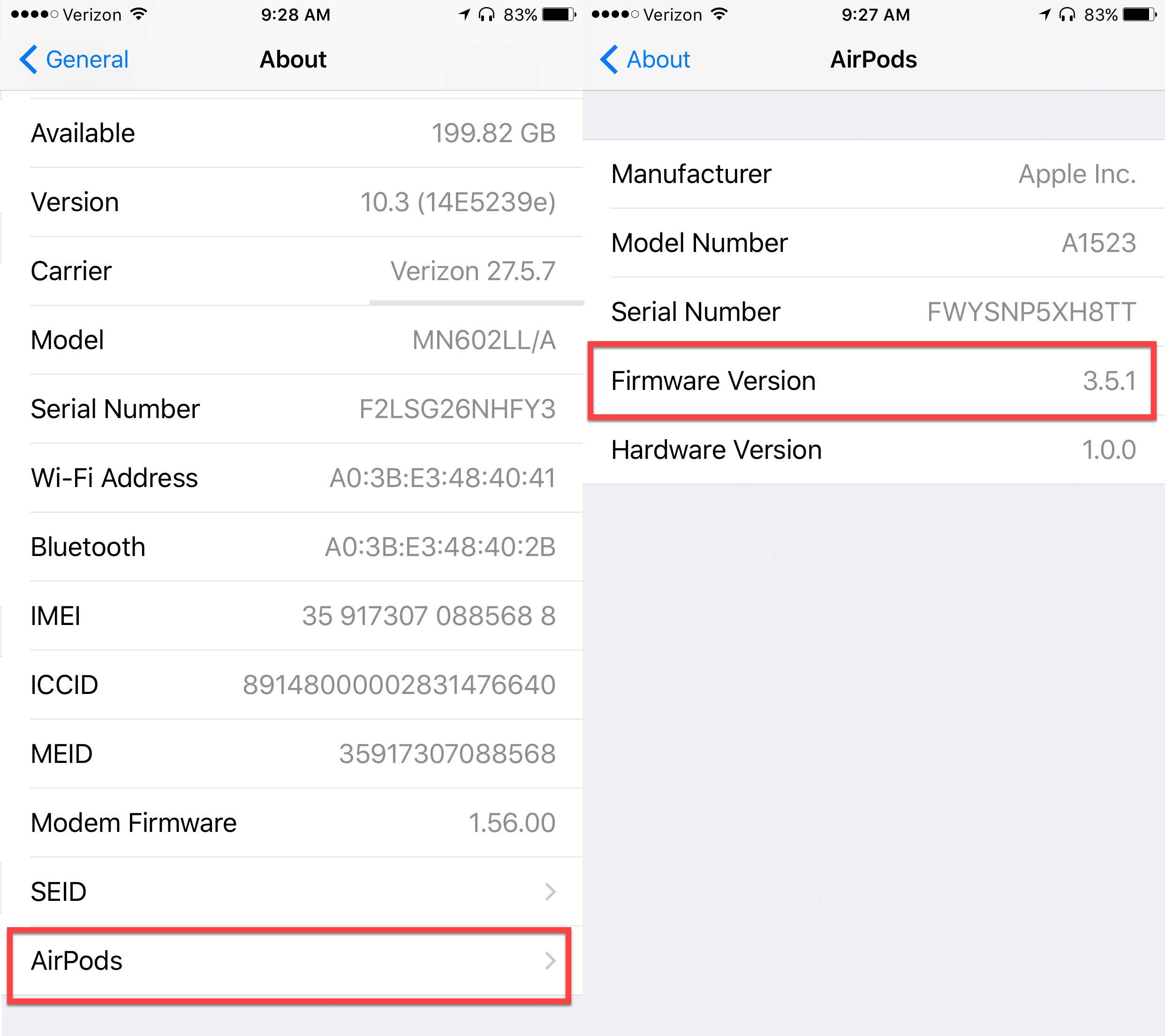 apple airpods firmware version number