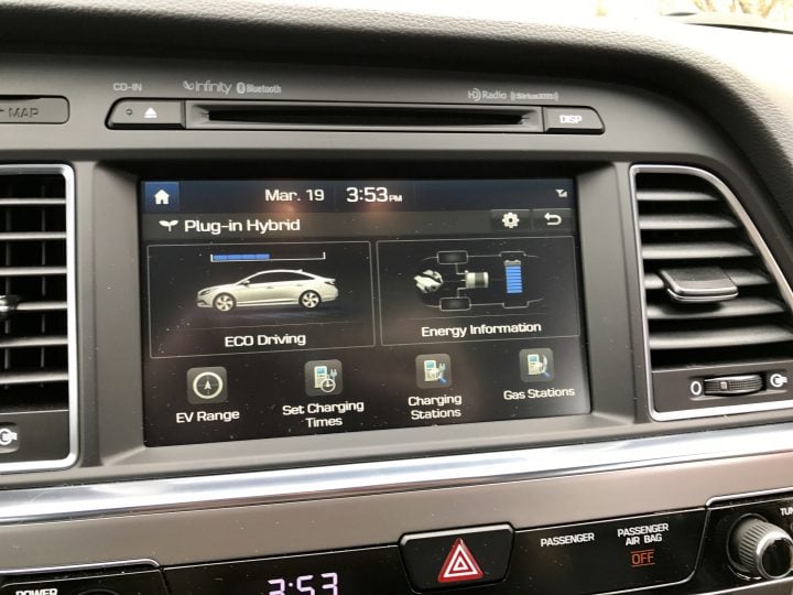 In the 2017 Hyundai Sonata Plug-in Hybrid you get a very nice touch screen with Android Auto and Apple CarPlay as well as electric vehicle options.