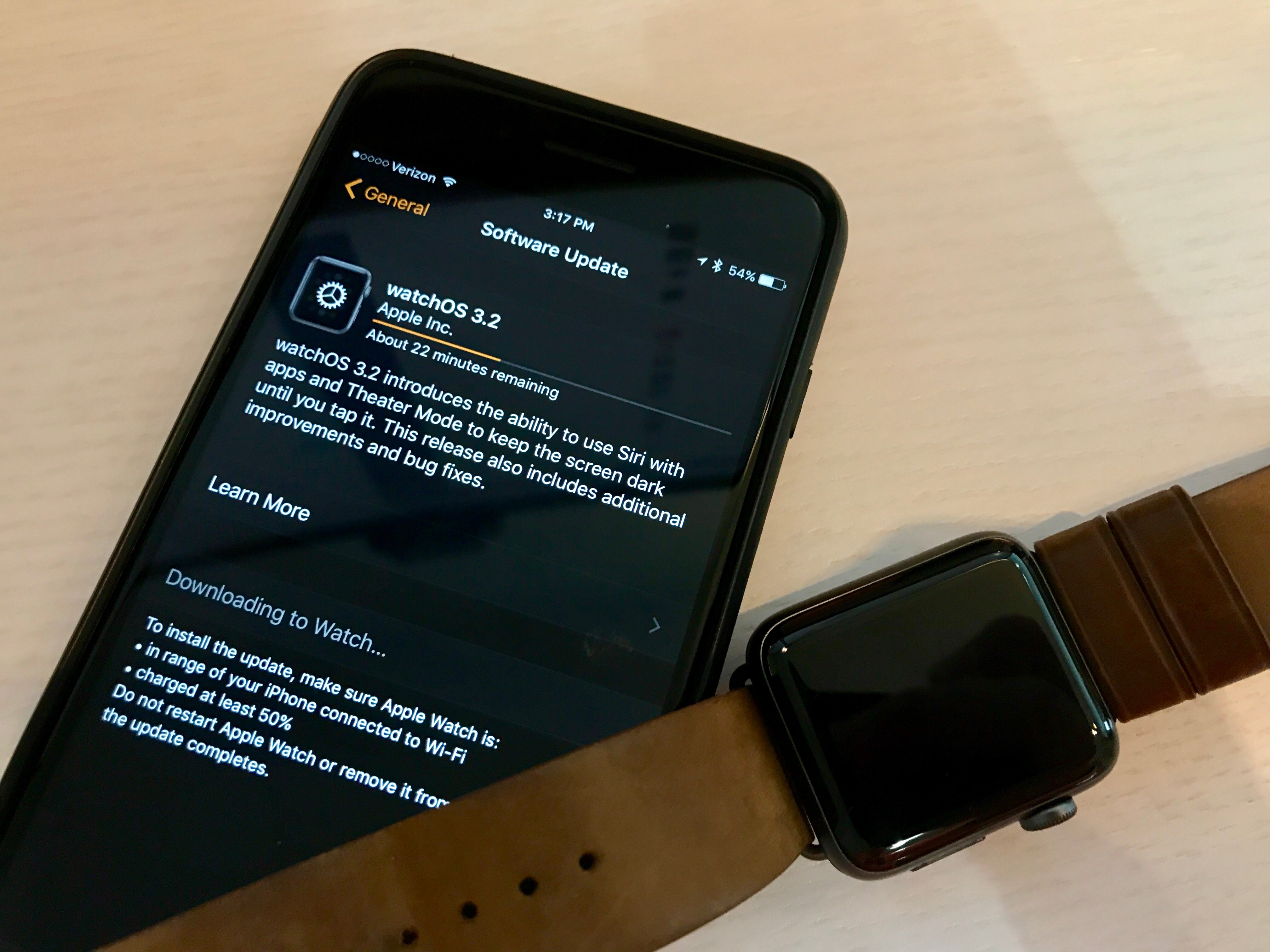 How long the watchOS 3.2 update takes to install on the Apple Watch.
