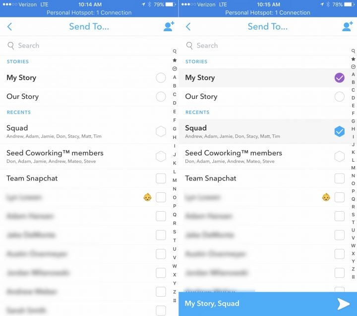 Choose who to share your Snap with.