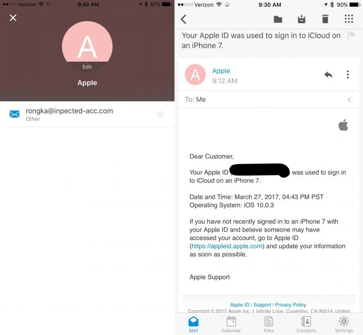 Example of a fake iCloud Security email. 