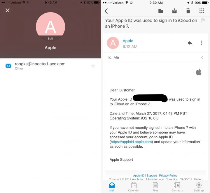 Ejemplo de un correo electrónico de seguridad de iCloud falso. 