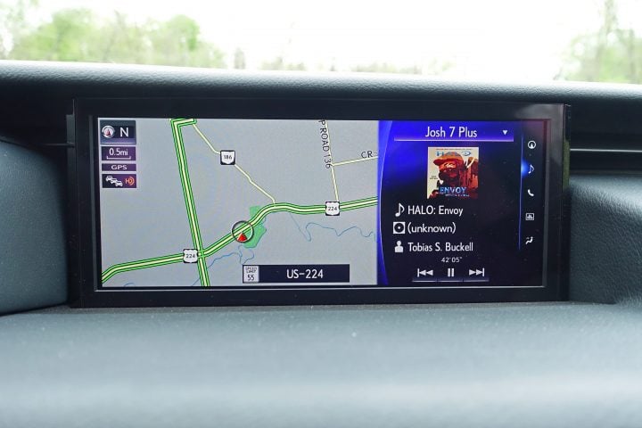 The Lexus IS 350 F Sport includes a massive display that you can section off to show you two sets of information.