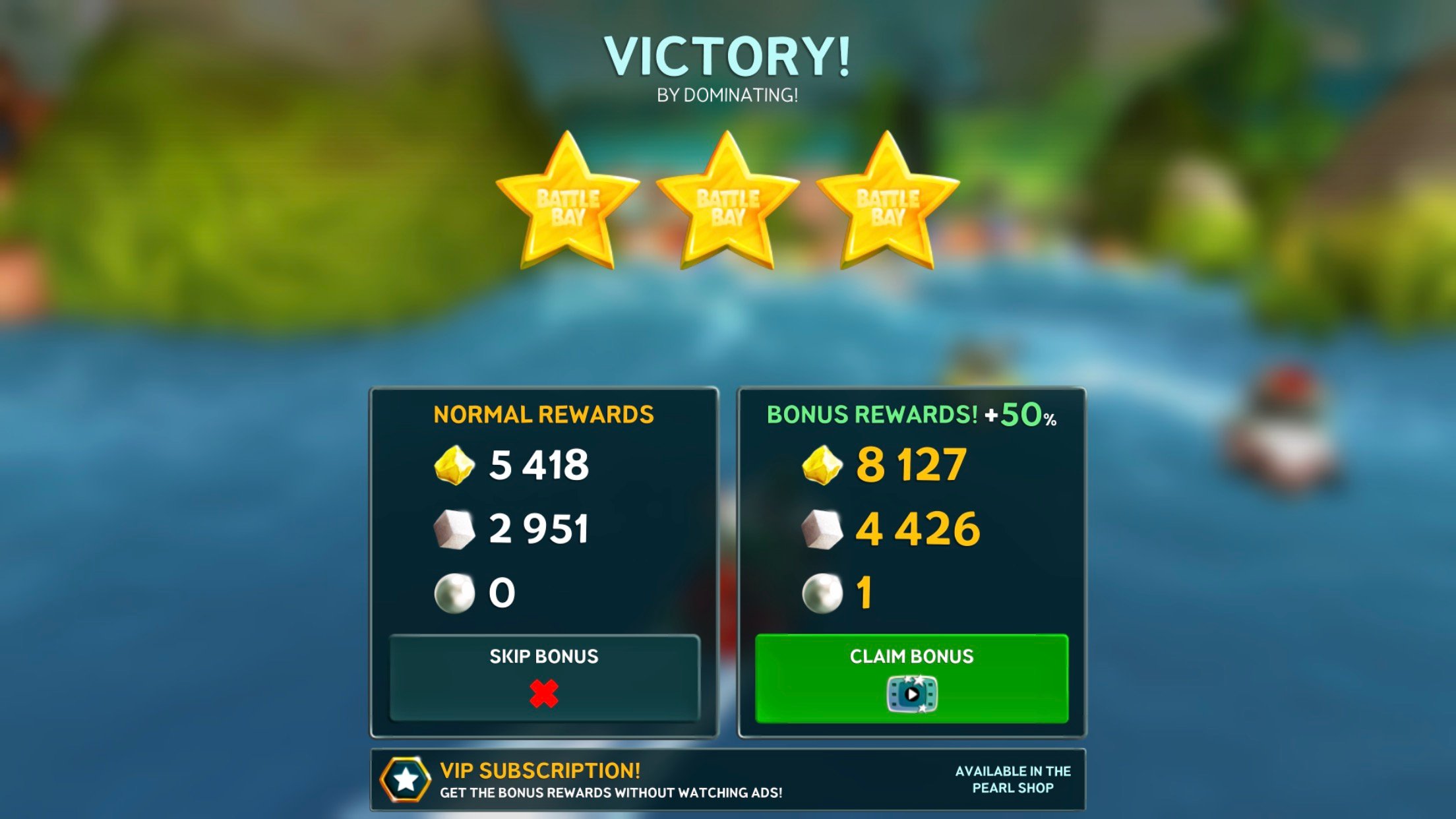 Watch an ad to earn a 50% bonus on in game items after a battle.