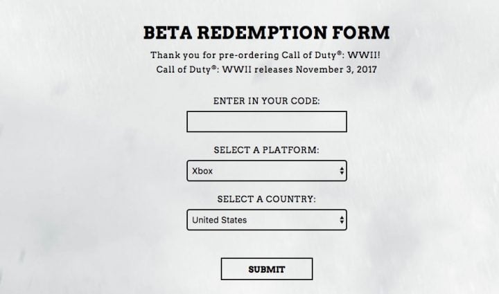 Sign up for the Call of Duty: WWII beta with your beta code.