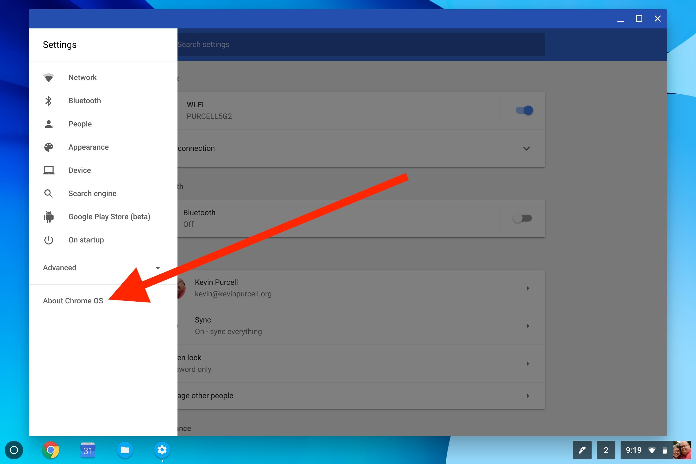 Choose About Chrome OS along the left at the bottom of the list