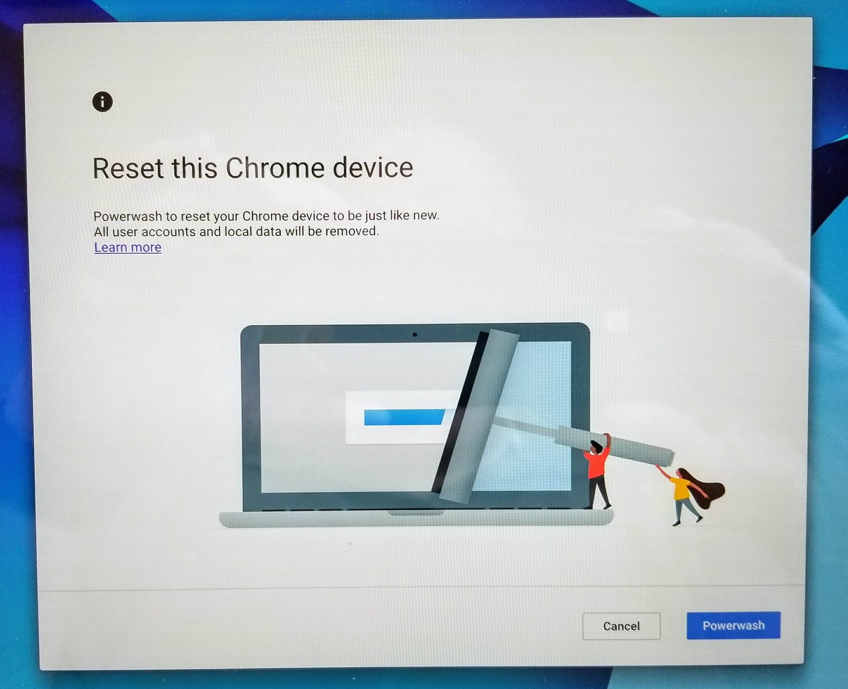 click on powerwash when Chromebook restarts