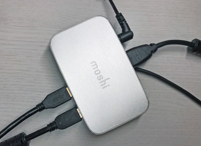 Connect all your accessories to the MacBook Pro with the Moshi symbus and one cable. 