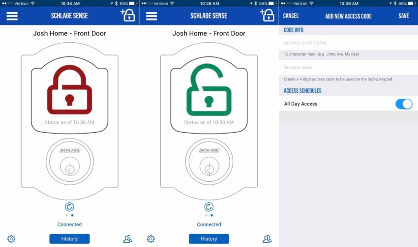 The app controls the lock and lock settings.