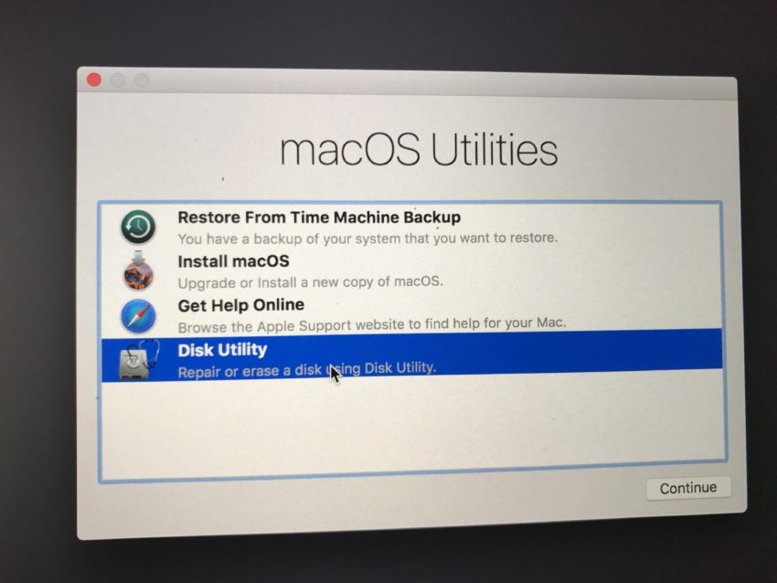 Run disk utility to fix a Mac that won't boot after installing macOS High Sierra.