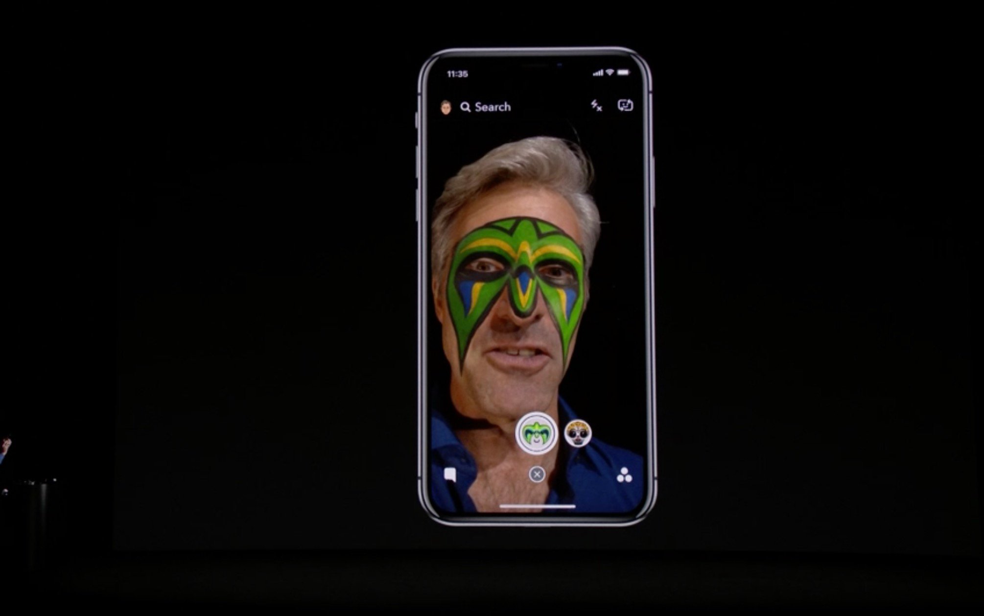 Craig Federighi demonstrates the upgraded Snapchat Lenses on the iPhone X.